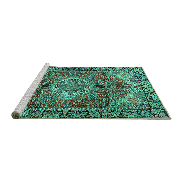 Sideview of Machine Washable Medallion Turquoise Traditional Area Rugs, wshtr2570turq