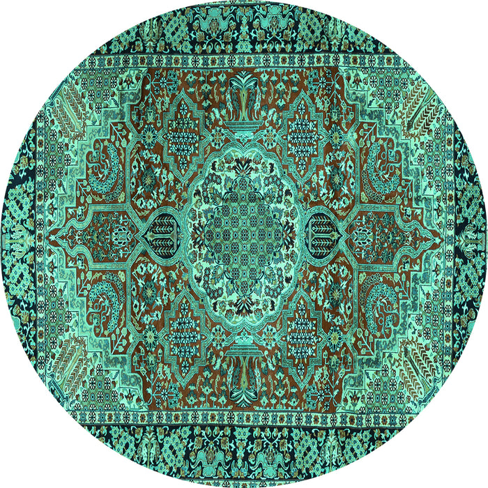 Round Machine Washable Medallion Turquoise Traditional Area Rugs, wshtr2570turq