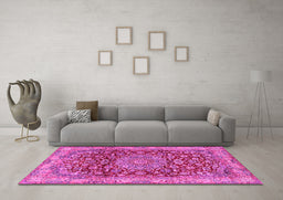 Machine Washable Medallion Pink Traditional Rug in a Living Room, wshtr2572pnk