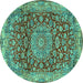 Round Machine Washable Medallion Turquoise Traditional Area Rugs, wshtr2572turq