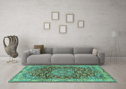 Machine Washable Medallion Turquoise Traditional Area Rugs in a Living Room,, wshtr2572turq