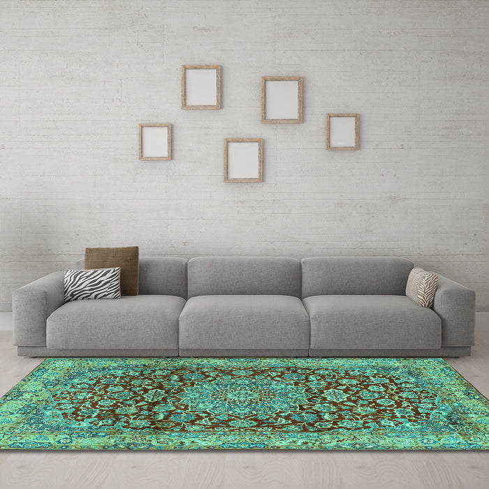 Machine Washable Medallion Turquoise Traditional Area Rugs in a Living Room,, wshtr2572turq