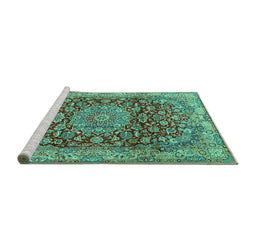 Sideview of Machine Washable Medallion Turquoise Traditional Area Rugs, wshtr2572turq