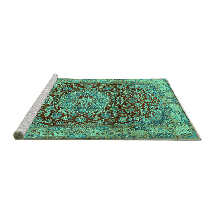 Sideview of Machine Washable Medallion Turquoise Traditional Area Rugs, wshtr2572turq