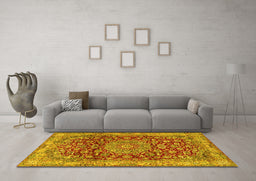 Machine Washable Medallion Yellow Traditional Rug in a Living Room, wshtr2572yw
