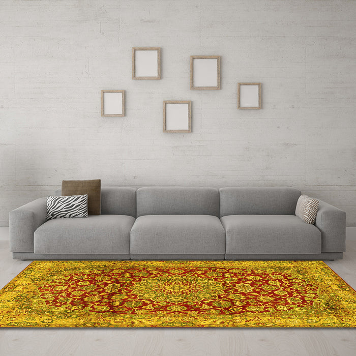 Machine Washable Medallion Yellow Traditional Rug in a Living Room, wshtr2572yw
