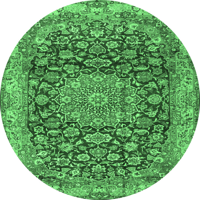 Round Machine Washable Medallion Emerald Green Traditional Area Rugs, wshtr2572emgrn