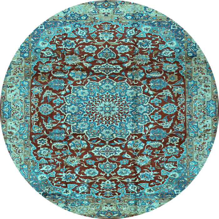 Round Machine Washable Medallion Light Blue Traditional Rug, wshtr2572lblu