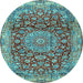 Round Machine Washable Medallion Light Blue Traditional Rug, wshtr2572lblu