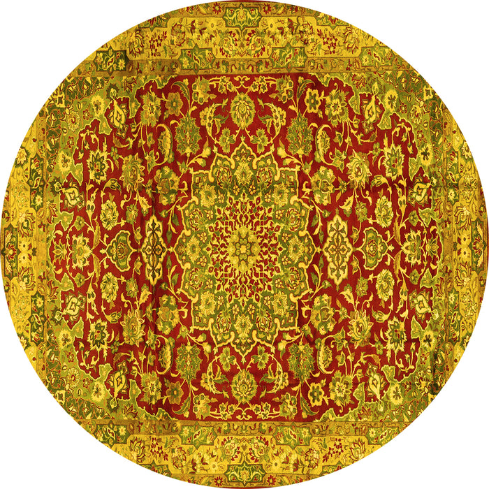 Round Machine Washable Medallion Yellow Traditional Rug, wshtr2572yw