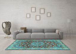Machine Washable Medallion Light Blue Traditional Rug in a Living Room, wshtr2572lblu