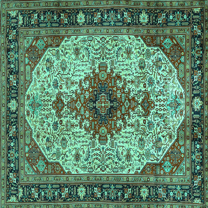 Square Machine Washable Medallion Turquoise Traditional Area Rugs, wshtr2573turq