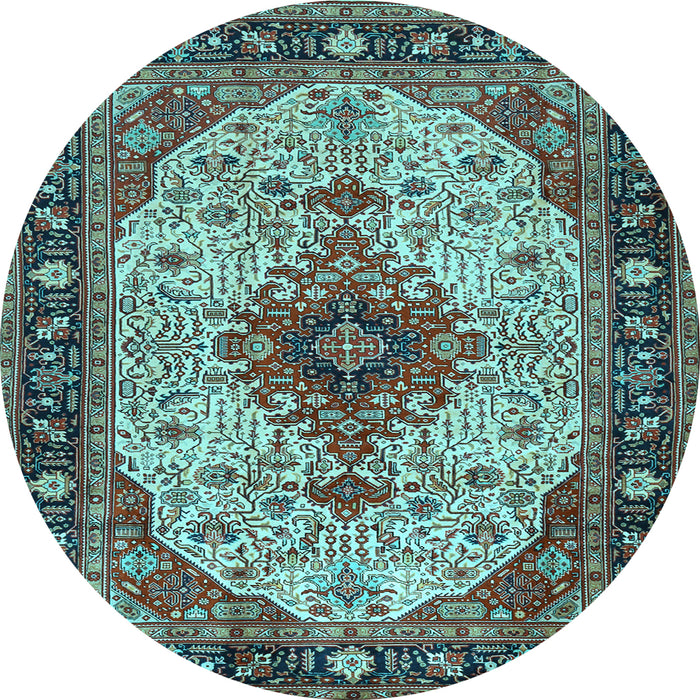 Round Machine Washable Medallion Light Blue Traditional Rug, wshtr2573lblu