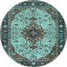 Round Machine Washable Medallion Light Blue Traditional Rug, wshtr2573lblu