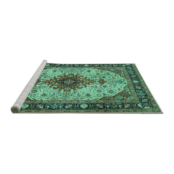 Sideview of Machine Washable Medallion Turquoise Traditional Area Rugs, wshtr2573turq