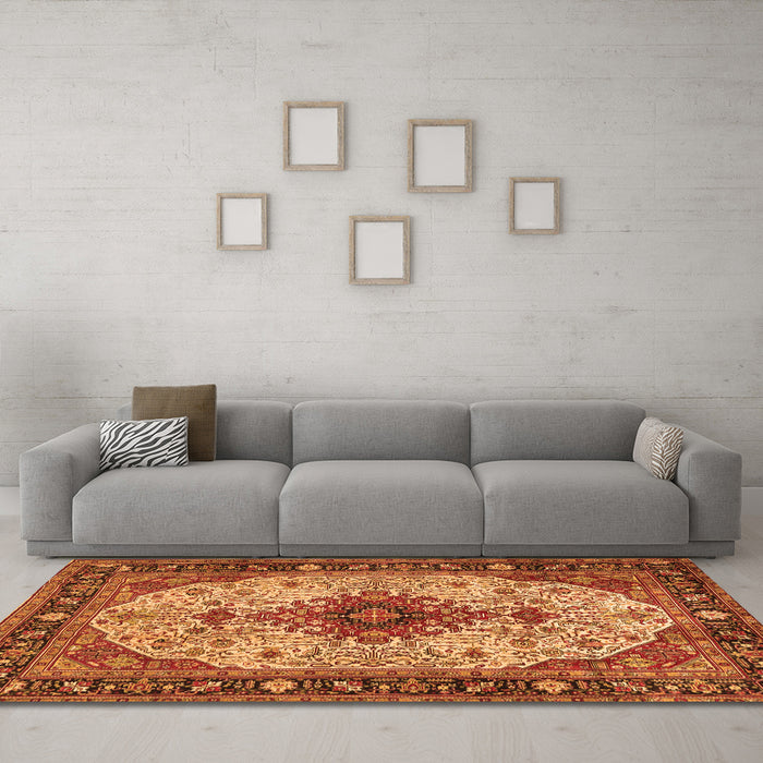 Machine Washable Medallion Orange Traditional Area Rugs in a Living Room, wshtr2573org