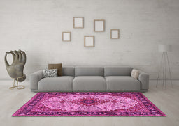 Machine Washable Medallion Pink Traditional Rug in a Living Room, wshtr2573pnk