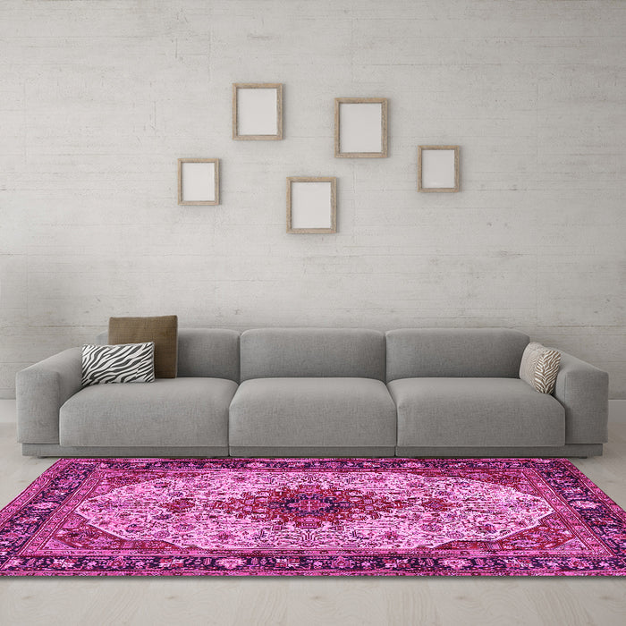 Machine Washable Medallion Pink Traditional Rug in a Living Room, wshtr2573pnk