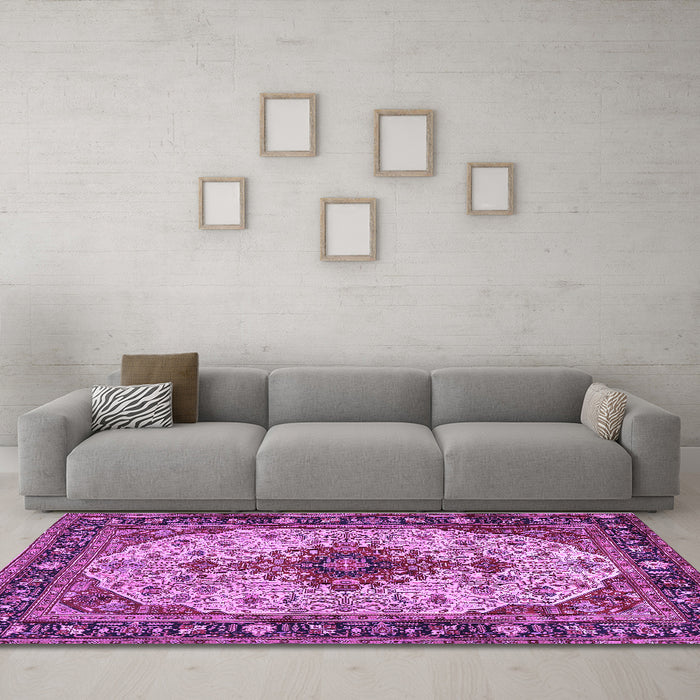 Machine Washable Medallion Purple Traditional Area Rugs in a Living Room, wshtr2573pur