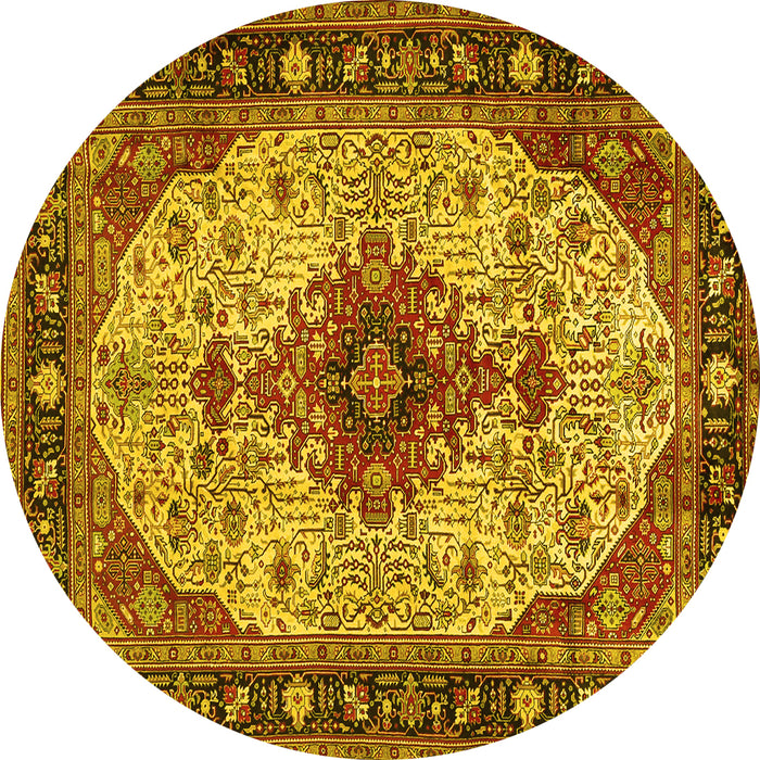 Round Machine Washable Medallion Yellow Traditional Rug, wshtr2573yw