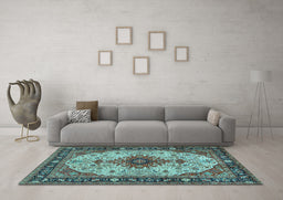 Machine Washable Medallion Light Blue Traditional Rug in a Living Room, wshtr2573lblu