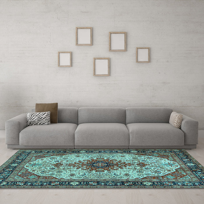 Machine Washable Medallion Light Blue Traditional Rug in a Living Room, wshtr2573lblu