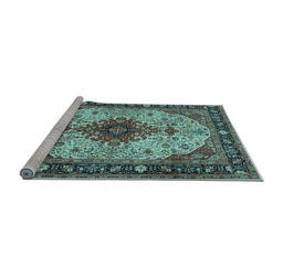 Sideview of Machine Washable Medallion Light Blue Traditional Rug, wshtr2573lblu