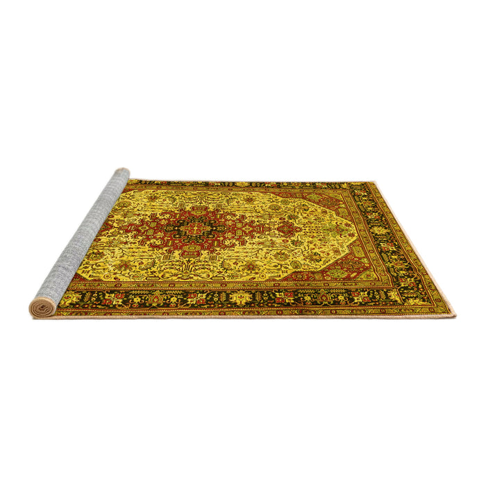 Sideview of Machine Washable Medallion Yellow Traditional Rug, wshtr2573yw