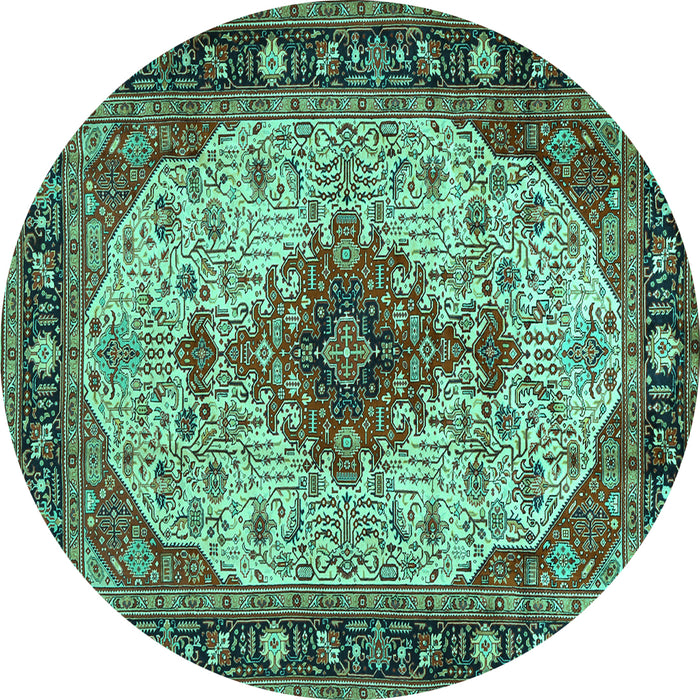 Round Machine Washable Medallion Turquoise Traditional Area Rugs, wshtr2573turq