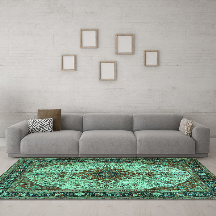 Machine Washable Medallion Turquoise Traditional Area Rugs in a Living Room,, wshtr2573turq