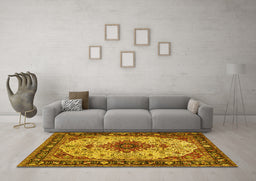 Machine Washable Medallion Yellow Traditional Rug in a Living Room, wshtr2573yw
