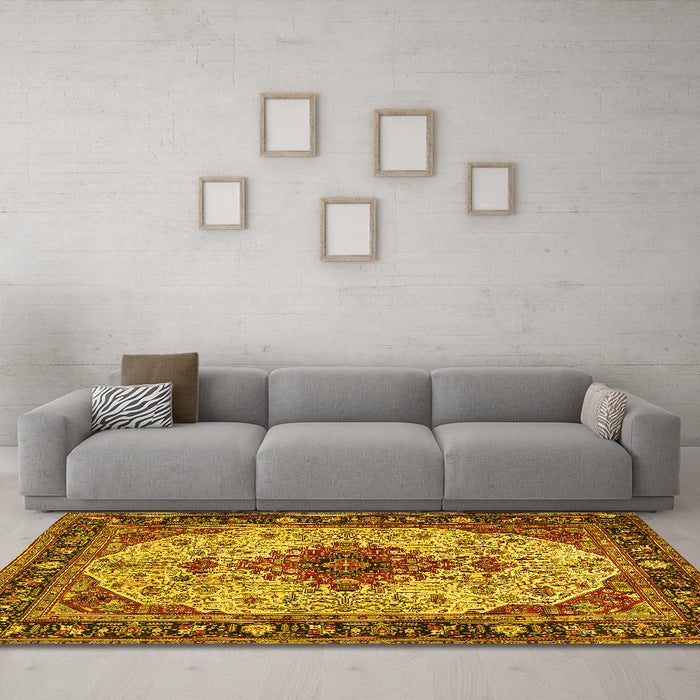 Machine Washable Medallion Yellow Traditional Rug in a Living Room, wshtr2573yw