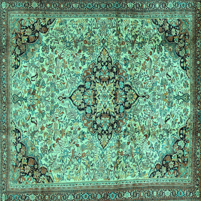 Square Machine Washable Medallion Turquoise Traditional Area Rugs, wshtr2574turq