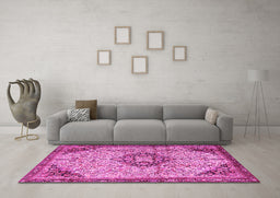 Machine Washable Medallion Pink Traditional Rug in a Living Room, wshtr2574pnk
