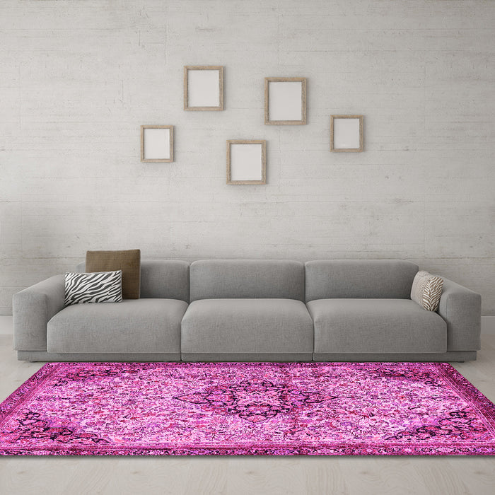 Machine Washable Medallion Pink Traditional Rug in a Living Room, wshtr2574pnk