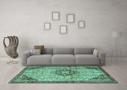 Machine Washable Medallion Turquoise Traditional Area Rugs in a Living Room,, wshtr2574turq