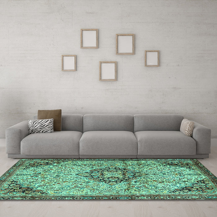 Machine Washable Medallion Turquoise Traditional Area Rugs in a Living Room,, wshtr2574turq