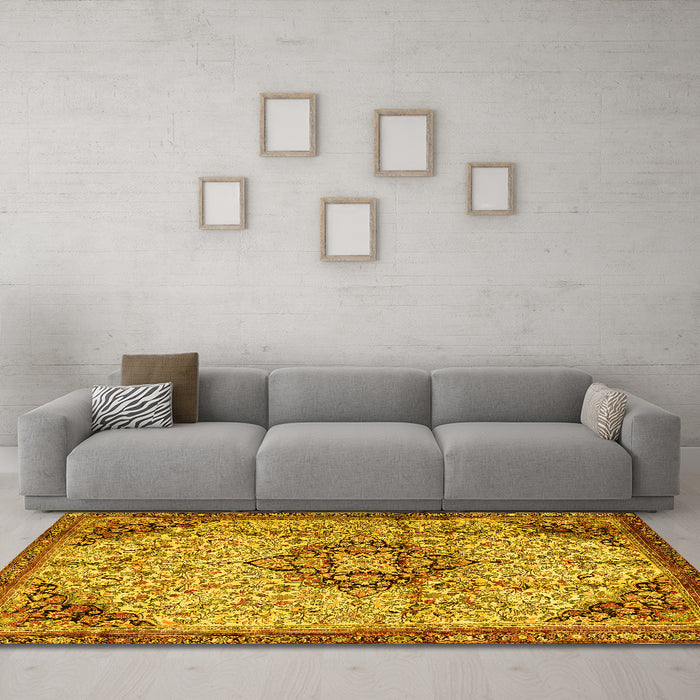 Machine Washable Medallion Yellow Traditional Rug in a Living Room, wshtr2574yw