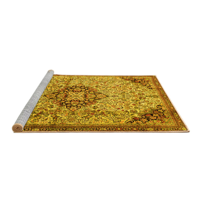 Sideview of Machine Washable Medallion Yellow Traditional Rug, wshtr2574yw