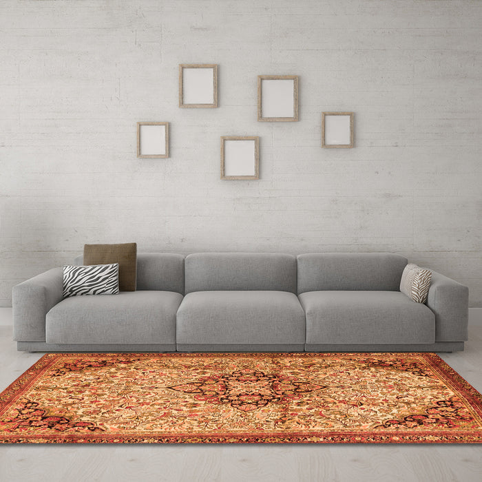 Machine Washable Medallion Orange Traditional Area Rugs in a Living Room, wshtr2574org