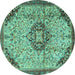 Round Machine Washable Medallion Turquoise Traditional Area Rugs, wshtr2574turq