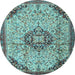 Round Machine Washable Medallion Light Blue Traditional Rug, wshtr2574lblu