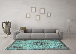 Machine Washable Medallion Light Blue Traditional Rug in a Living Room, wshtr2574lblu