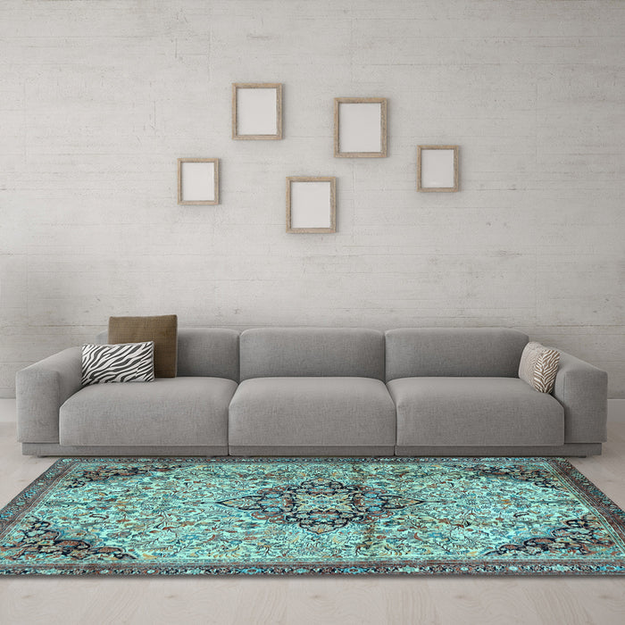 Machine Washable Medallion Light Blue Traditional Rug in a Living Room, wshtr2574lblu
