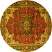 Round Machine Washable Medallion Yellow Traditional Rug, wshtr2575yw