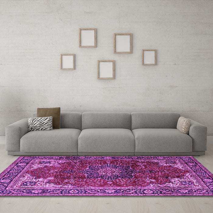 Machine Washable Medallion Purple Traditional Area Rugs in a Living Room, wshtr2575pur