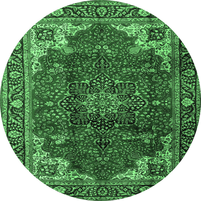 Round Machine Washable Medallion Emerald Green Traditional Area Rugs, wshtr2575emgrn