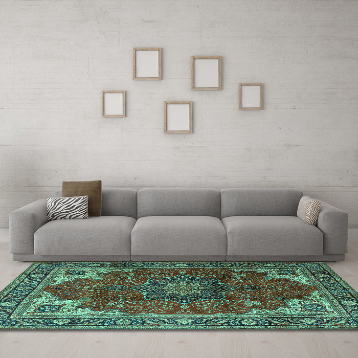 Machine Washable Medallion Turquoise Traditional Area Rugs in a Living Room,, wshtr2575turq