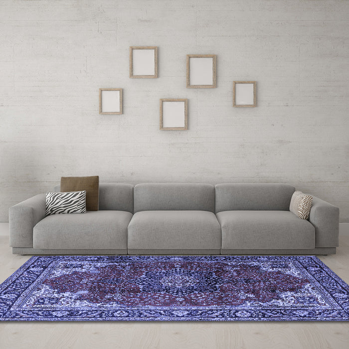 Machine Washable Medallion Blue Traditional Rug in a Living Room, wshtr2575blu