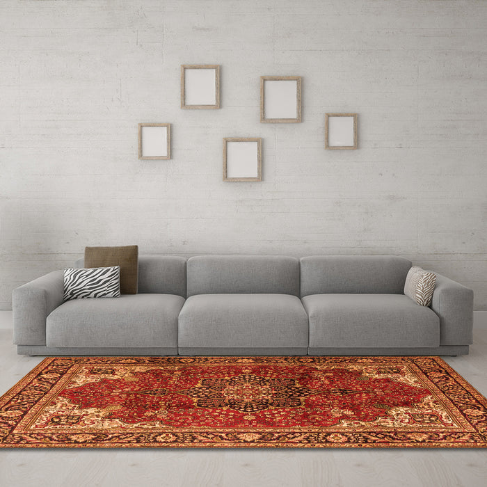 Machine Washable Medallion Orange Traditional Area Rugs in a Living Room, wshtr2575org